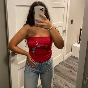 Red express tube top with embroidered flower
